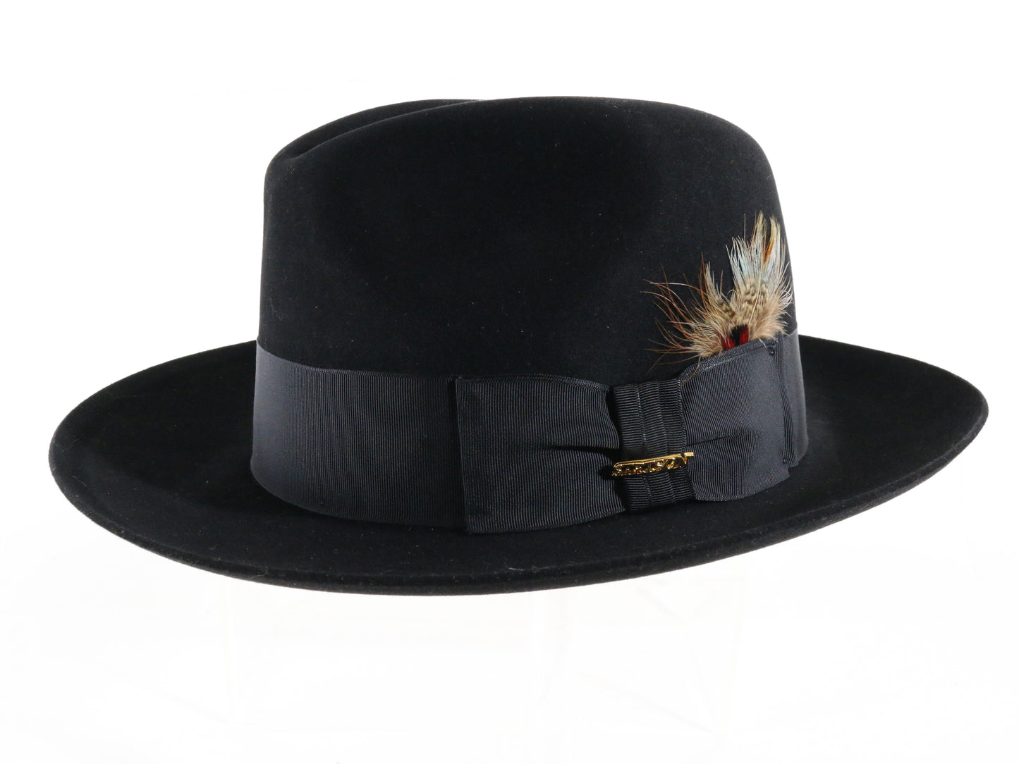 Stetson Sovereign Temple Mens Black Felt Fedora W/ Blue Feather 6 3/4 54cm