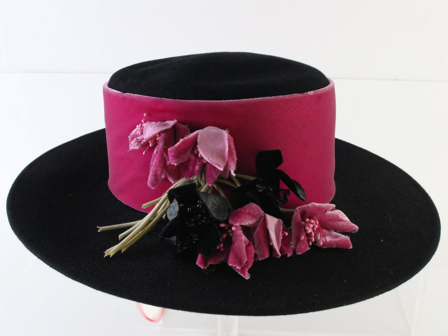 Frank Olive Private Collection Ladies Boutique Black Felt Hat W/ Velvet 7 56cm