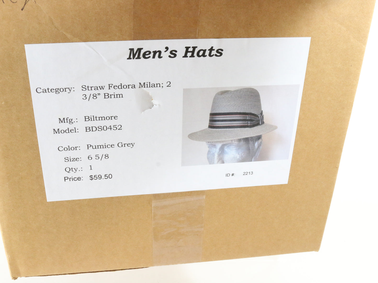 Biltmore Mens Classic Pumice Gray Straw Milan Fedora W/ Pin 6 5/8 53cm