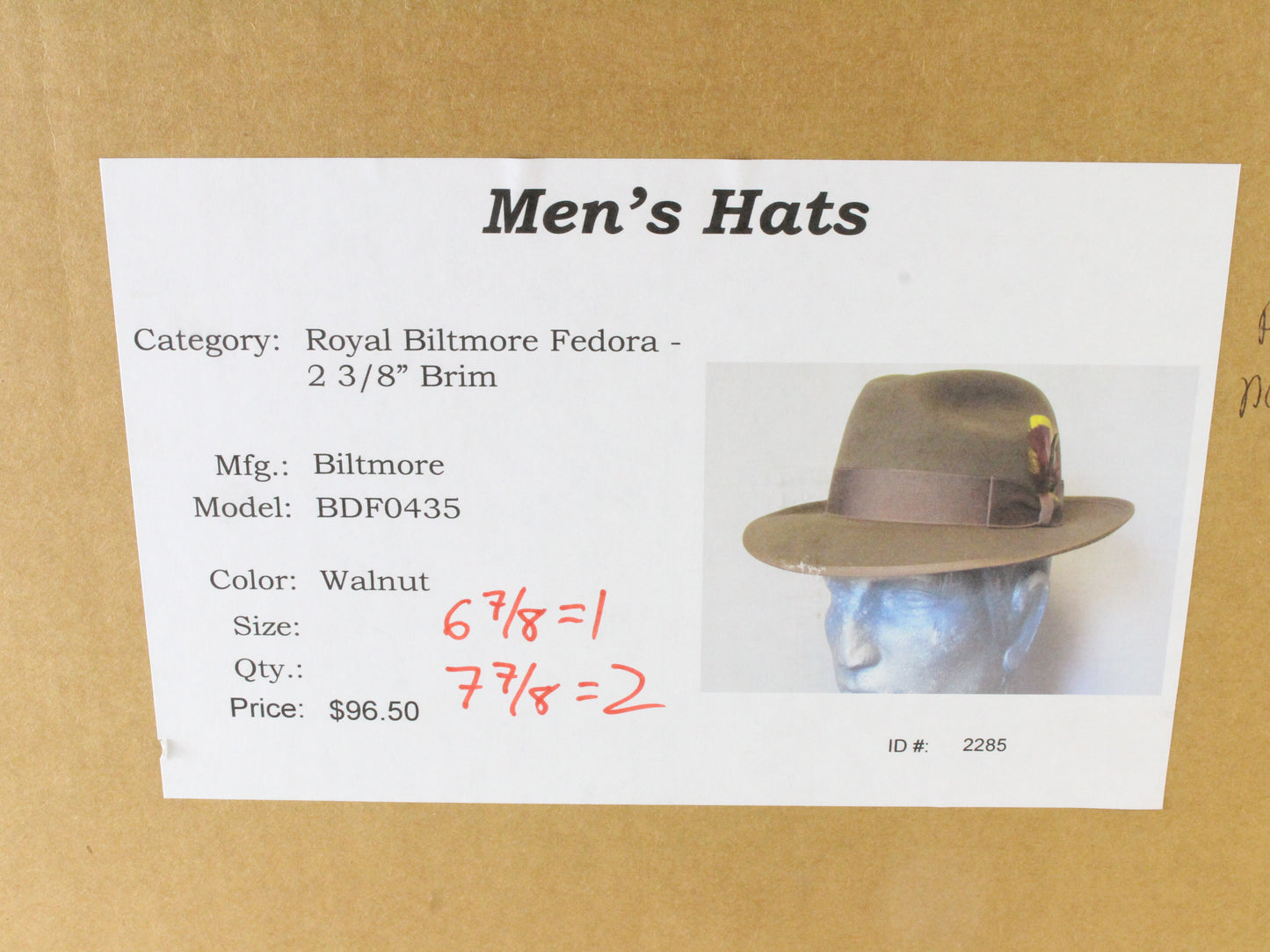 Biltmore Top Hatters Mens Walnut Brown Felt Fedora W/ Feather 6 7/8 55cm