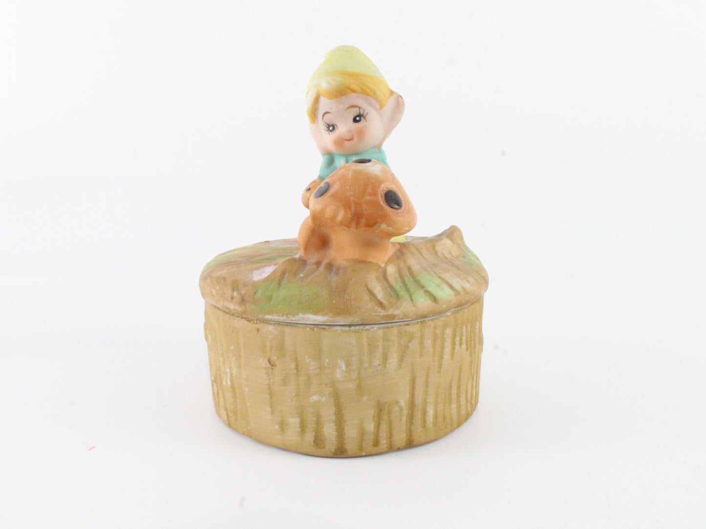 Vintage Pixie In Blue W/ Yellow Hat w/ Mushrooms Ceramic Box Homco Taiwan 3.5 In