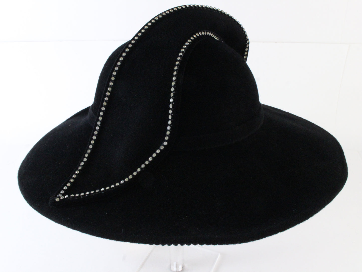 George Zamaul Vintage Ladies Fancy Hat Couture Black Felt W/ Rhinestones 7 56cm