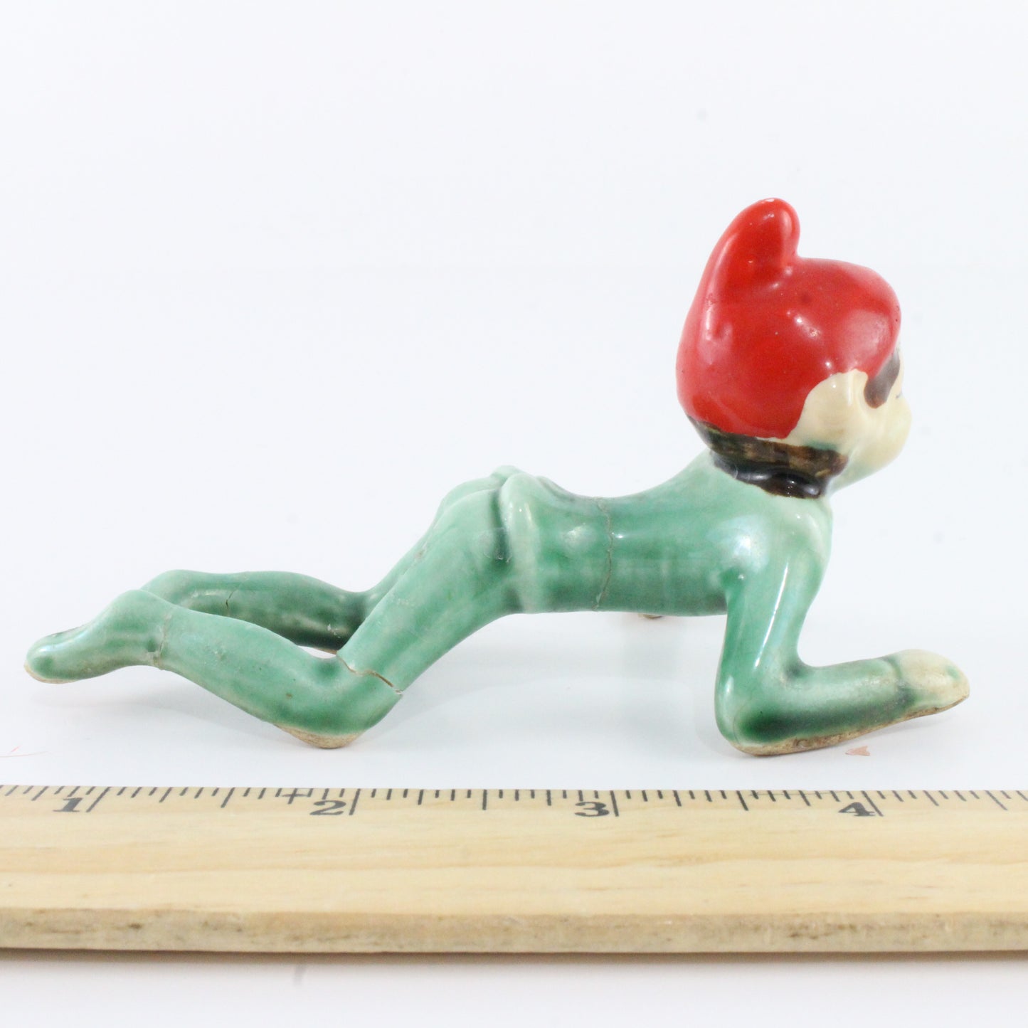 Vintage Green Suit W/ Red Hat Crawling Ceramic Pixie Japan 5 In