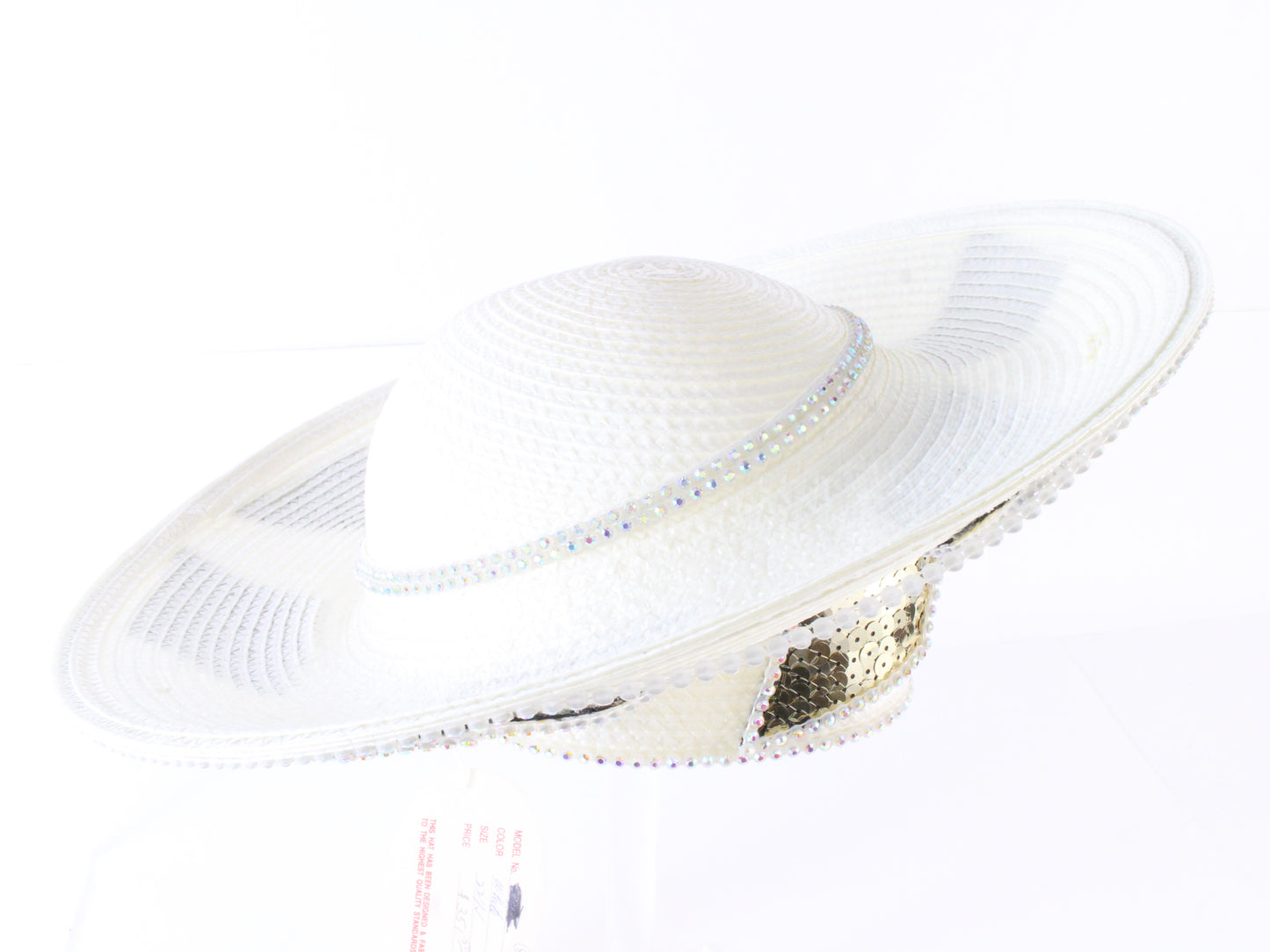 George Zamaul Couture Ladies Fancy Couture White Straw Hat W/ Sequins 7 56cm