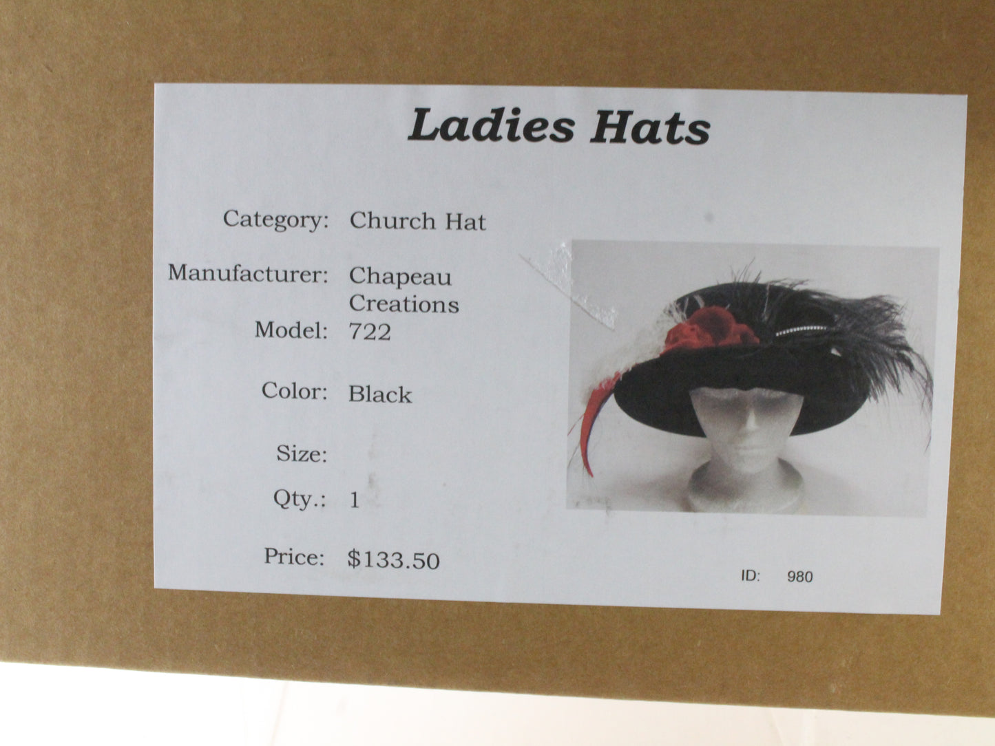 Chapeau Creations Ladies Black Fancy Boutique Felt Hat W/ Feathers 6 7/8 55cm