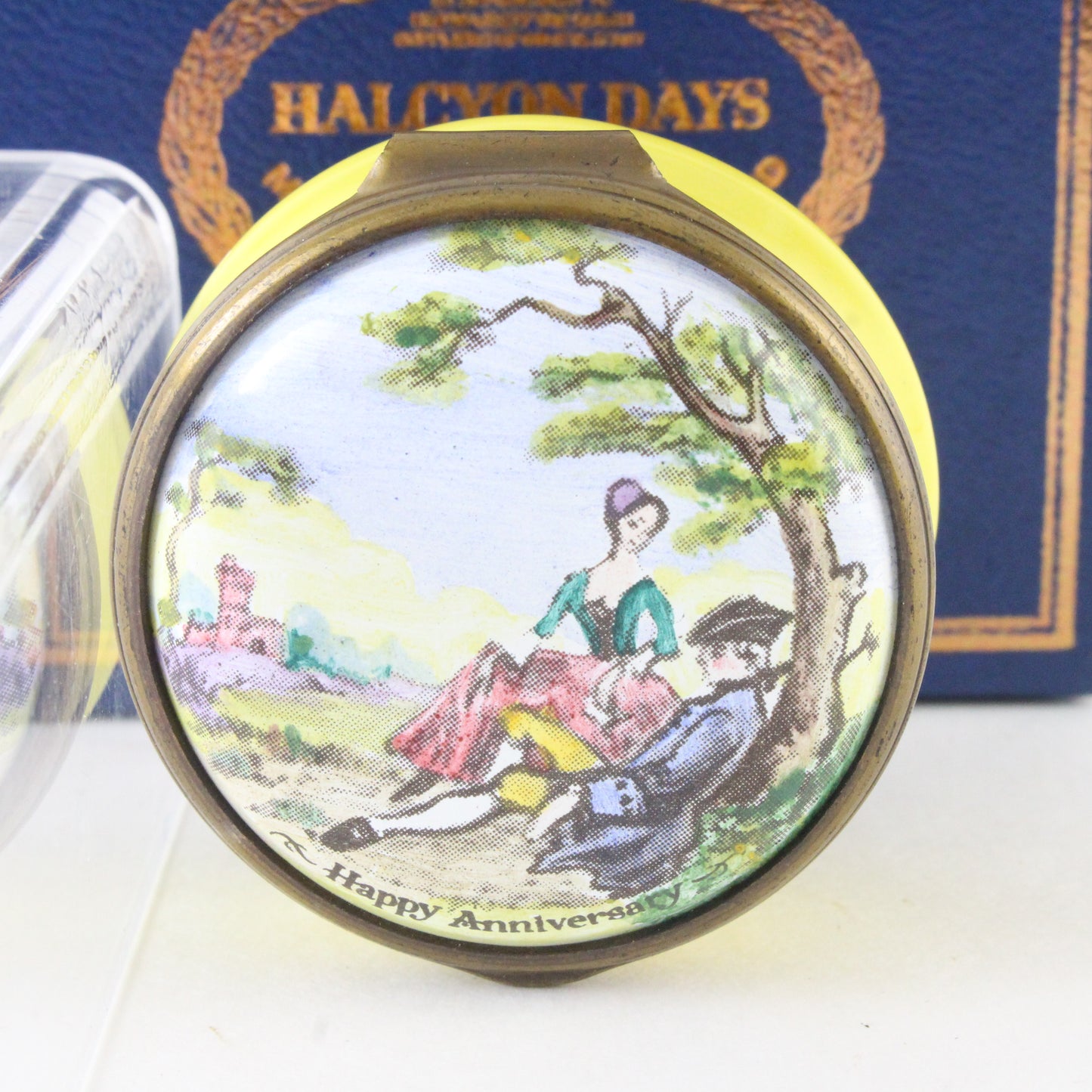 Vintage Halcyon Days Bilston & Battersea Enamel Box With Happy Anniversary