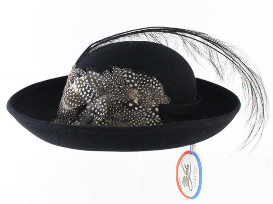 Mr John Classic Ladies Black Wool Felt Boutique Hat W/ Feathers 7 56cm