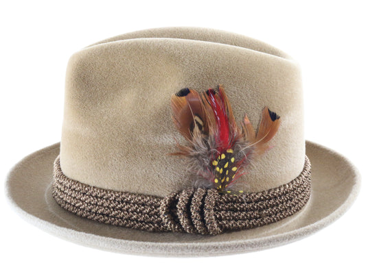 S&C Habig Wien Mens Classic Tan Felt Austrian Hat W/ Feather 54cm