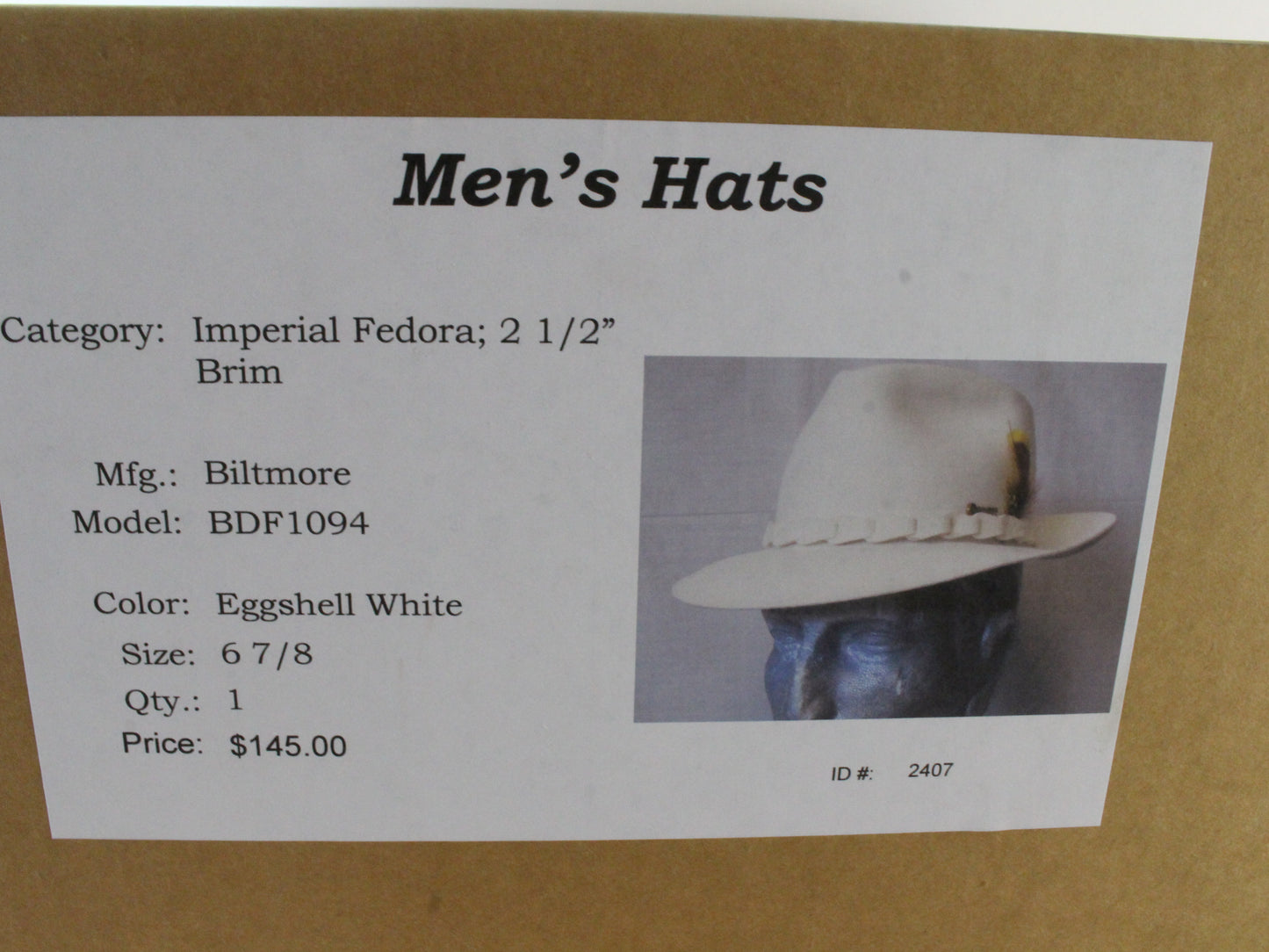 Biltmore Imperial Mens Eggshell White Felt Fedora W/ Feather and Pin 6 7/8 55cm