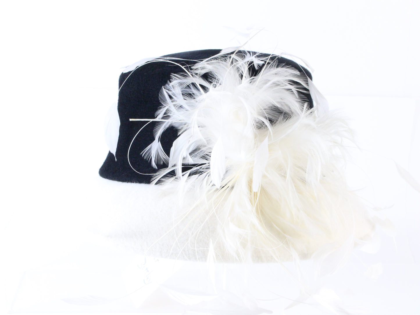 Peter Bettley Ladies Black and White Rabbit Fur Felt Hat W/ Feathers 7 1/8 57cm