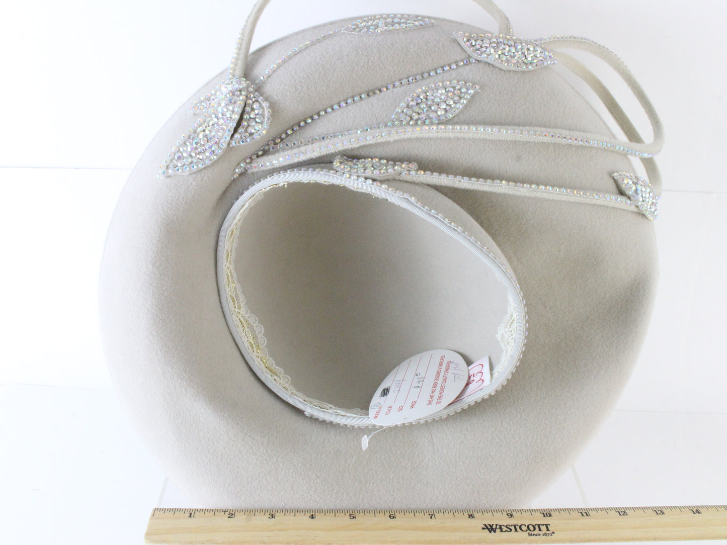 George Zamaul Ladies Couture Ivory Felt Boutique Hat W/ Rhinestones 7 1/8 57cm