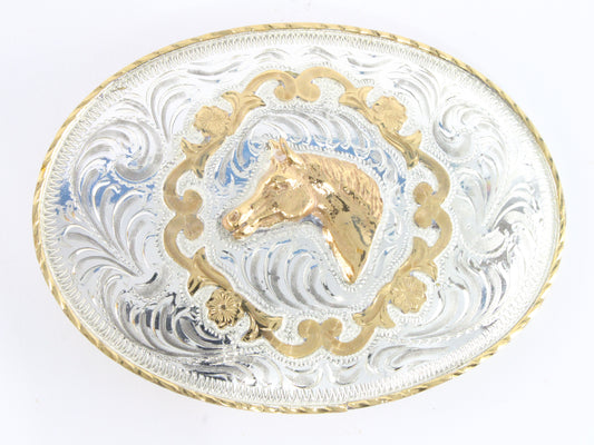 Silver & Gold Horse Head Metal Vintage Belt Buckle Mexico 4"