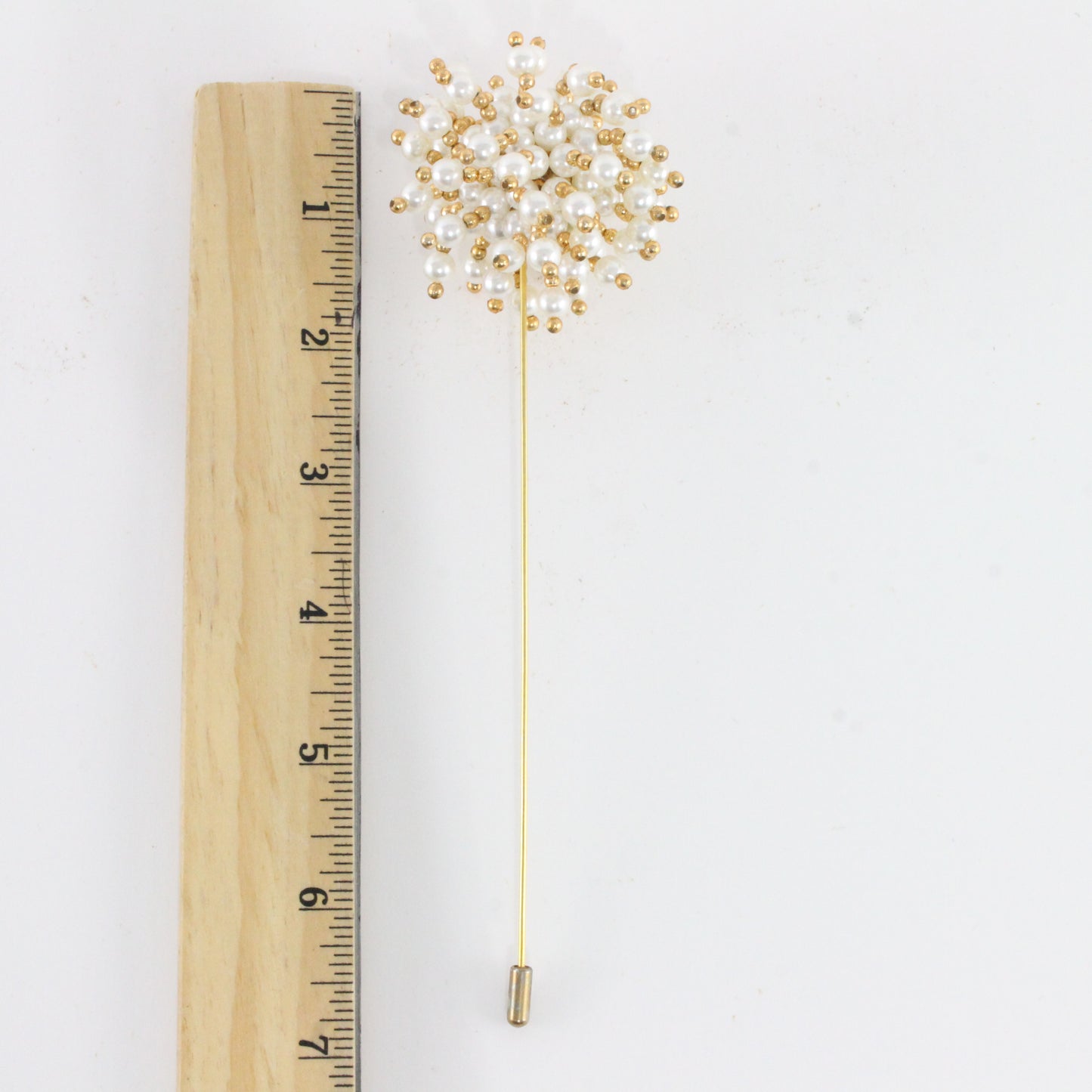 White & Gold Round Hair Vintage Hat Stick Pin Metal 7"