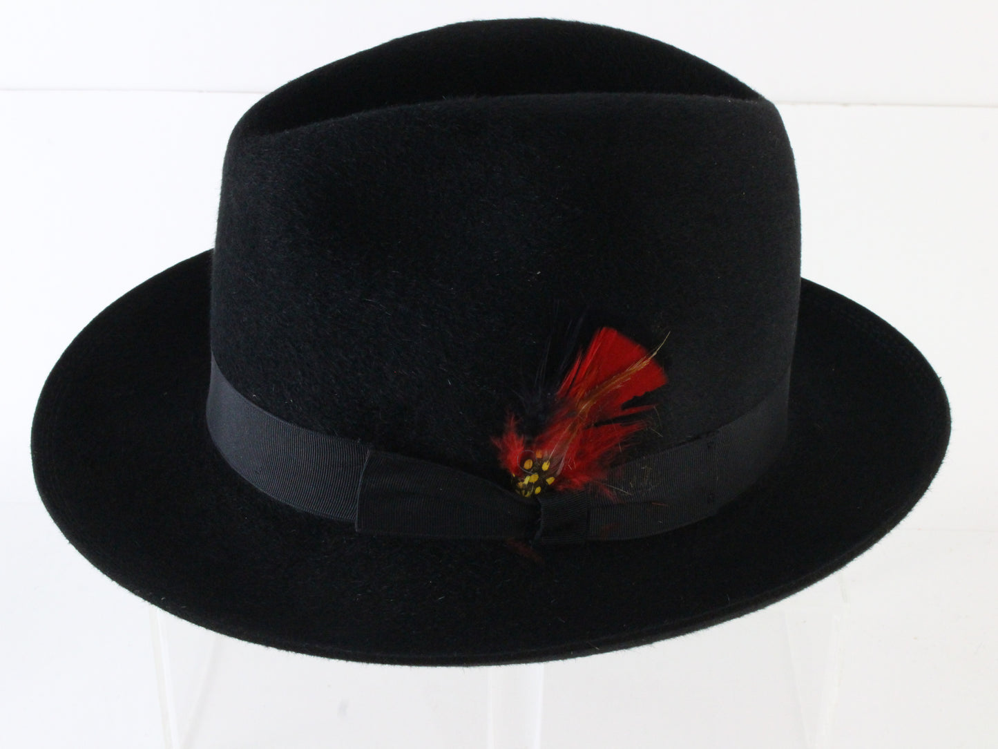 Royal Biltmore Mens Classic Black Felt Fedora W/ Feather 6 5/8 53cm