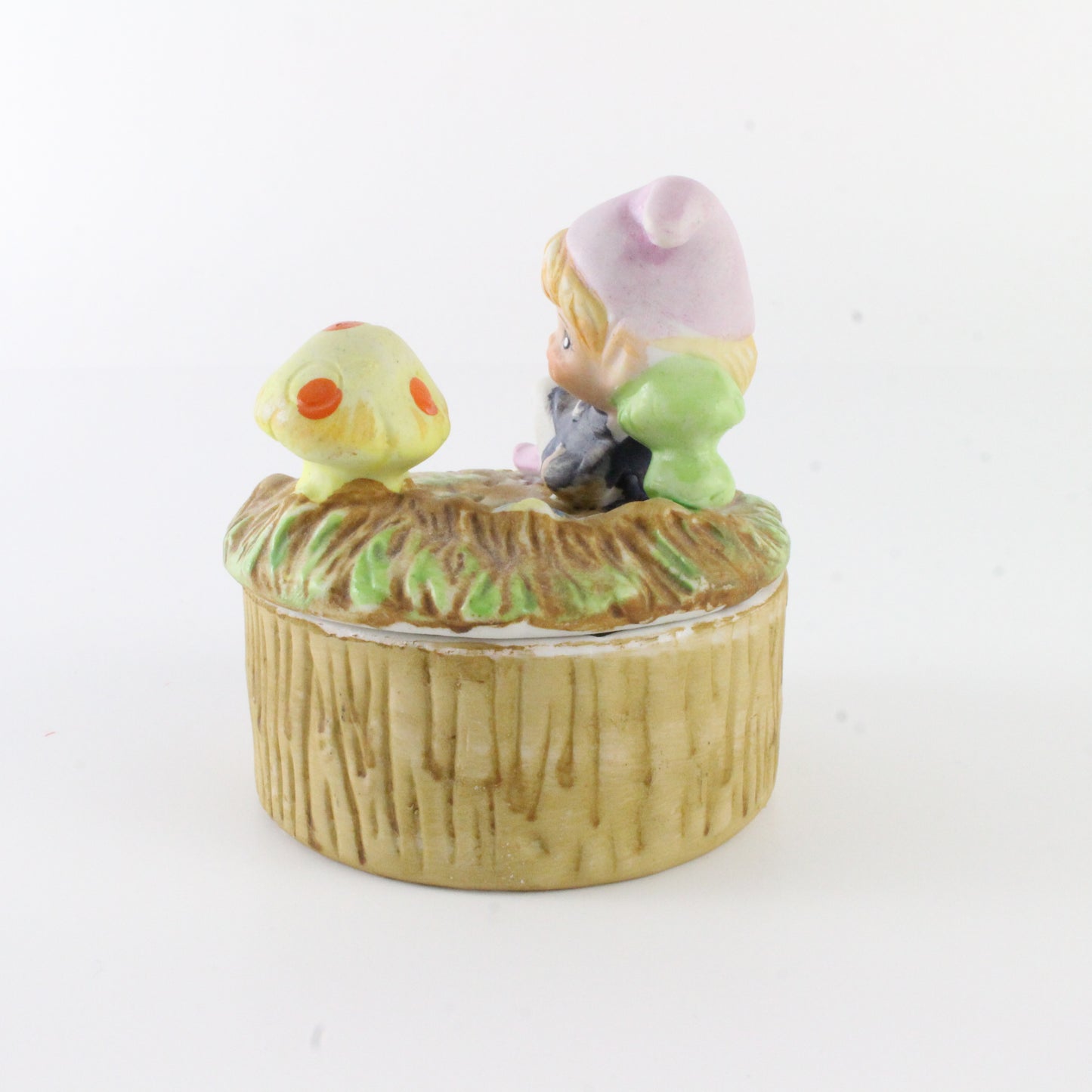 Vintage Pixie Elf With Mushroom Ceramic Trinket Box With Lid 3 In