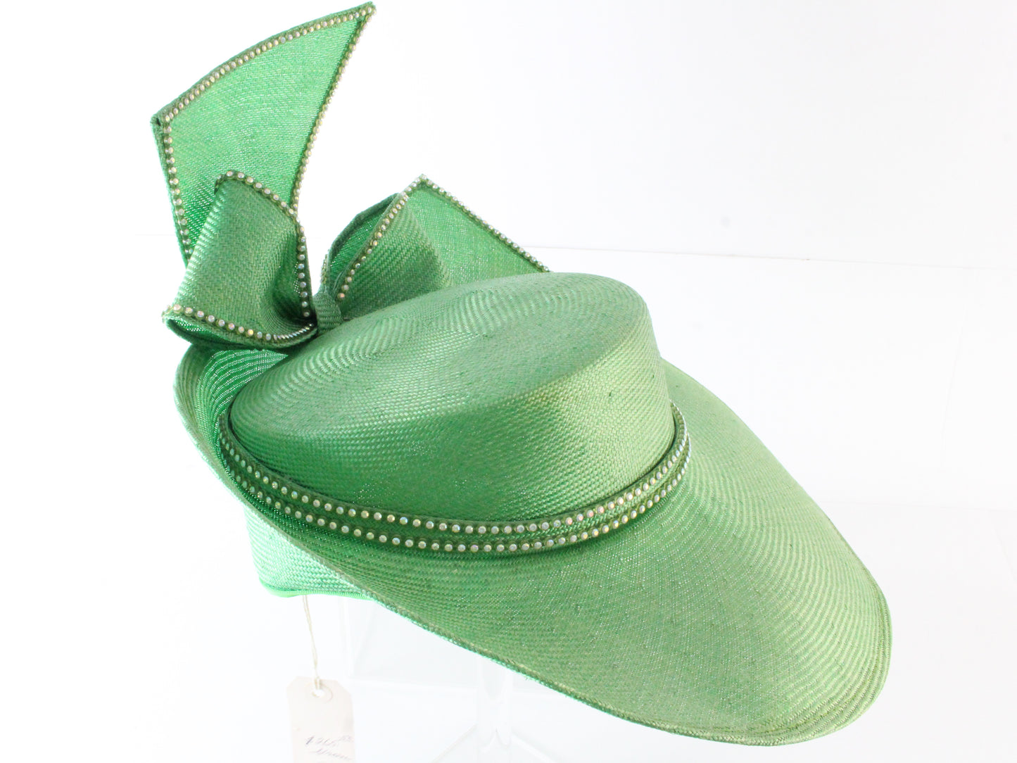 Jack Mcconnell New York Ladies Green Straw Hat W/ Rhinestones 7 1/8 57cm