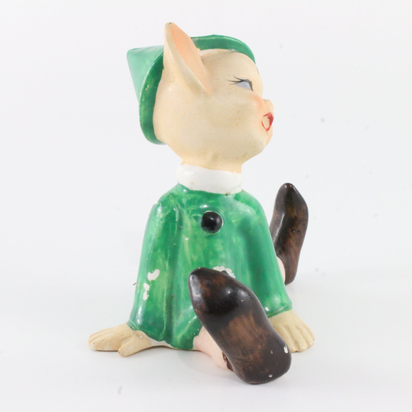 Vintage Pixie Elf Seated In Green Dress W/ Green Hat Ceramic Japan 3.25 In