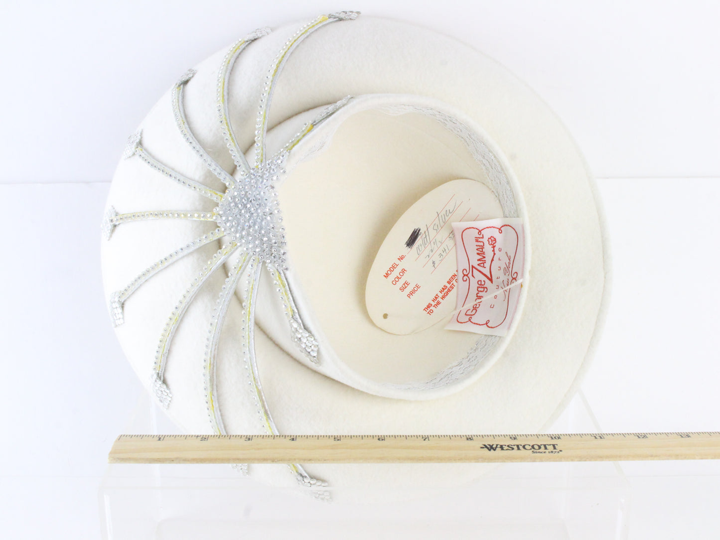 George Zamaul Coture Ladies White Felt Hat W/ Rhinestones 7 1/4 58cm