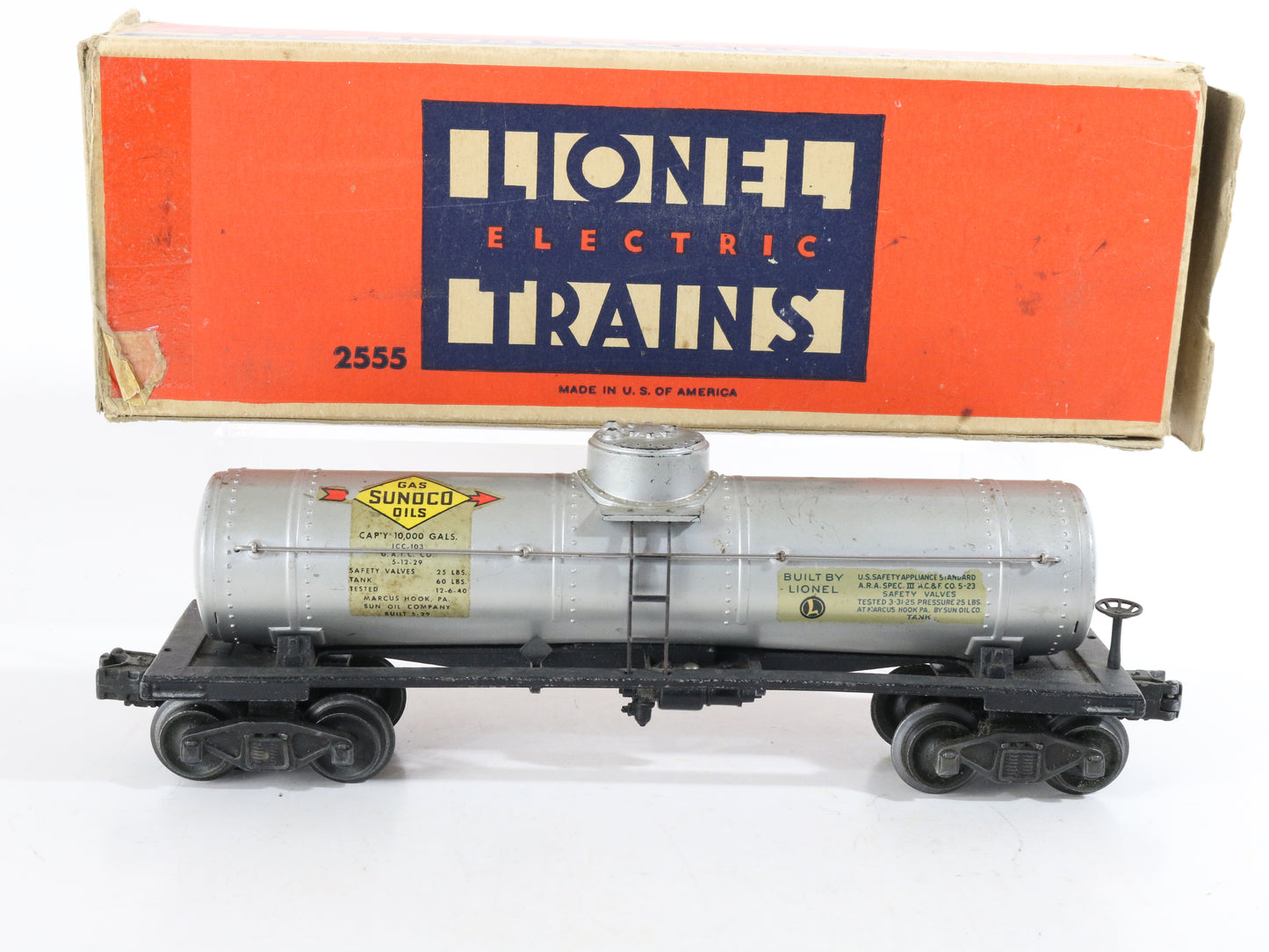 Lionel O Postwar 2555 Sunoco Oils Silver Single Dome Tank Car Flying Shoe