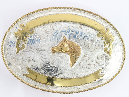 Large Silver & Gold Horse Head Metal Belt Buckle Mexico 5"