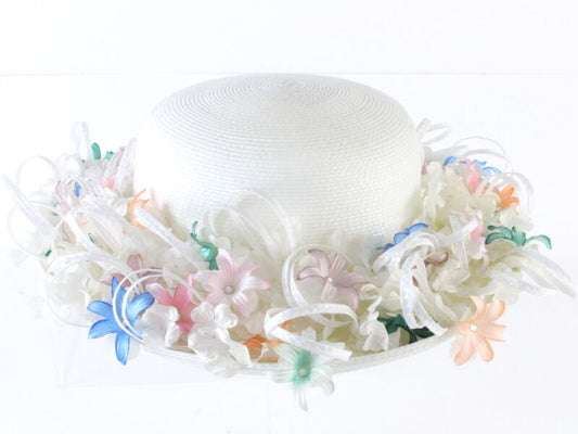 Don Anderson Ladies White Straw Spring Hat W/ Pink And Blue Flowers 7 56cm