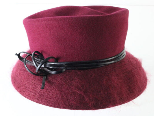 Marzi Of Italy Ladies Handmade Maroon Felt Hat W/ Black Ribbon 7 3/8 59cm