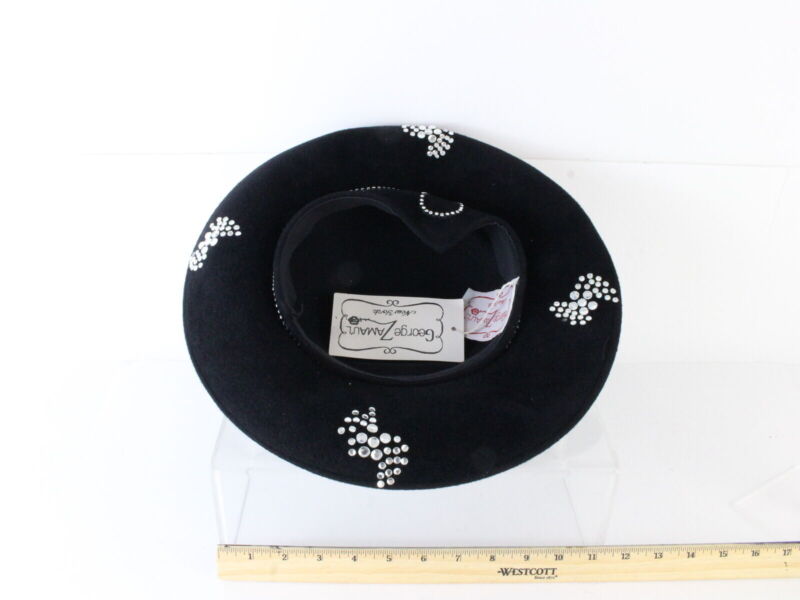 George Zamaul Ladies Boutique Black Felt Hat W/ Rhinestones 7 1/4 58cm