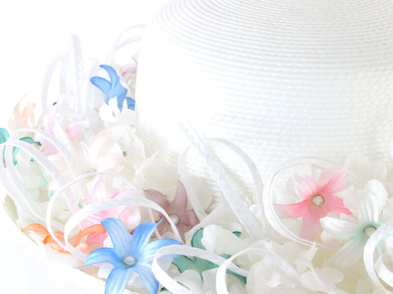 Don Anderson Ladies White Straw Spring Hat W/ Pink And Blue Flowers 7 56cm