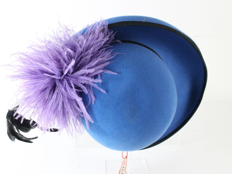 Adolfo II Ladies Azure Blue Felt Boutique Church Hat Purple And Black Feathers