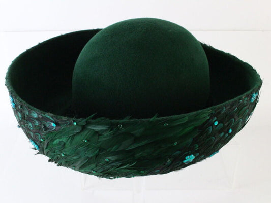 George Zamaul New York Ladies Forest Green Boutique Felt Hat W/ Feathers 7 56cm