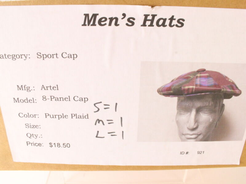 Artel Mens Purple Plaid Eight Panel Cap NEWSBOY IVY CAP STYLE MULTIPLE SIZES