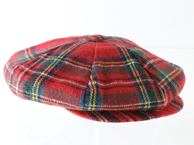 Bee Hats Mens Red and Green Plaid Wool Blend Eight Quarter Cap M