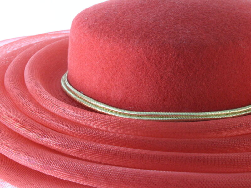 Sonni Of California Ladies Boutique Red Wool Felt CARTWHEEL Hat Bow 6 7/8 54cm