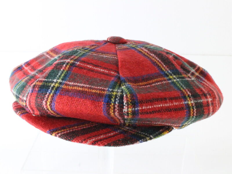 Bee Hats Mens Red and Green Plaid Wool Blend Eight Quarter Cap M