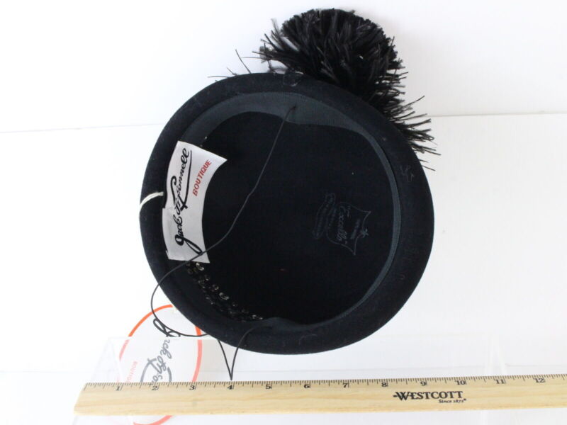 Jack Mcconnell Boutique Ladies Black Wool Felt Hat W/ Rhinestones And Feathers