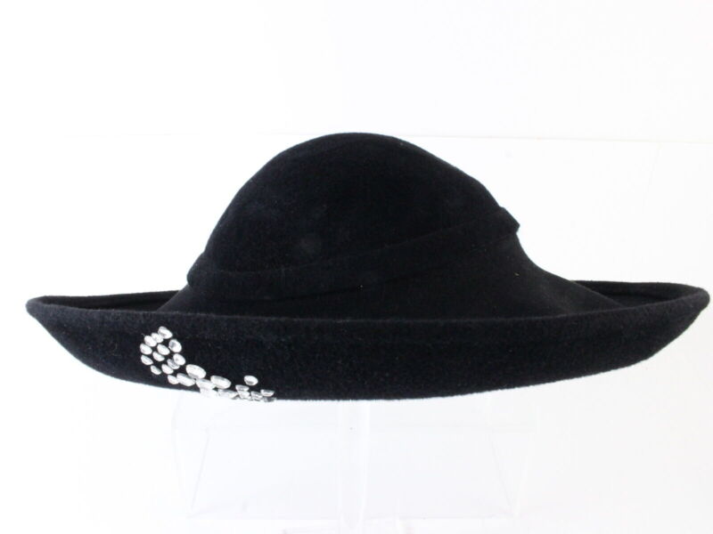 George Zamaul Ladies Boutique Black Felt Hat W/ Rhinestones 7 1/4 58cm