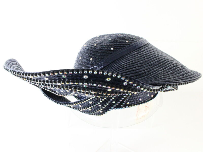 George Zamaul Ladies Boutique Navy Blue STATEMENT Hat W/ Rhinestones 7 1/8 57cm