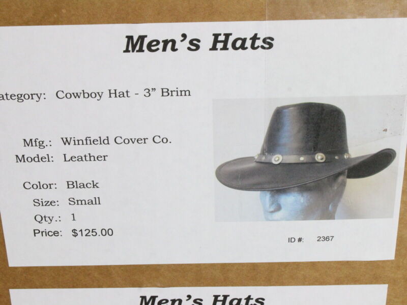 Winfield Cover Co Mens Black LEATHER Cowboy Hat W/ Band And Gray Inner Brim M